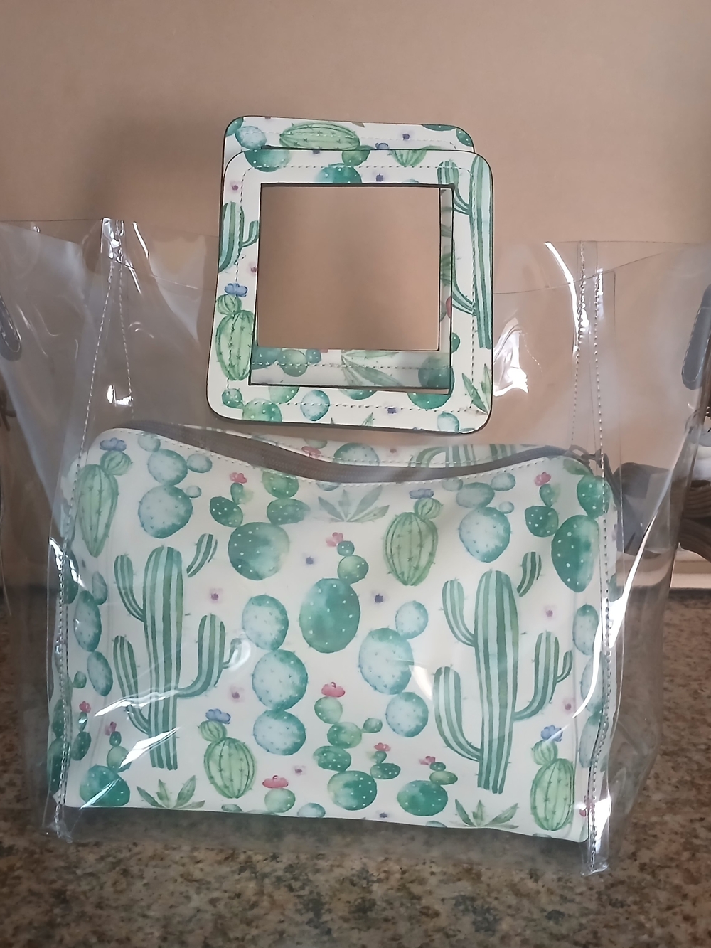 Angel Ranch Cactus Print Clear Tote with Matching Cosmetic Pouch